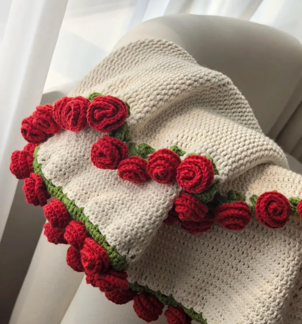 Hand-Knitted Rose Blanket -CozyWoolly